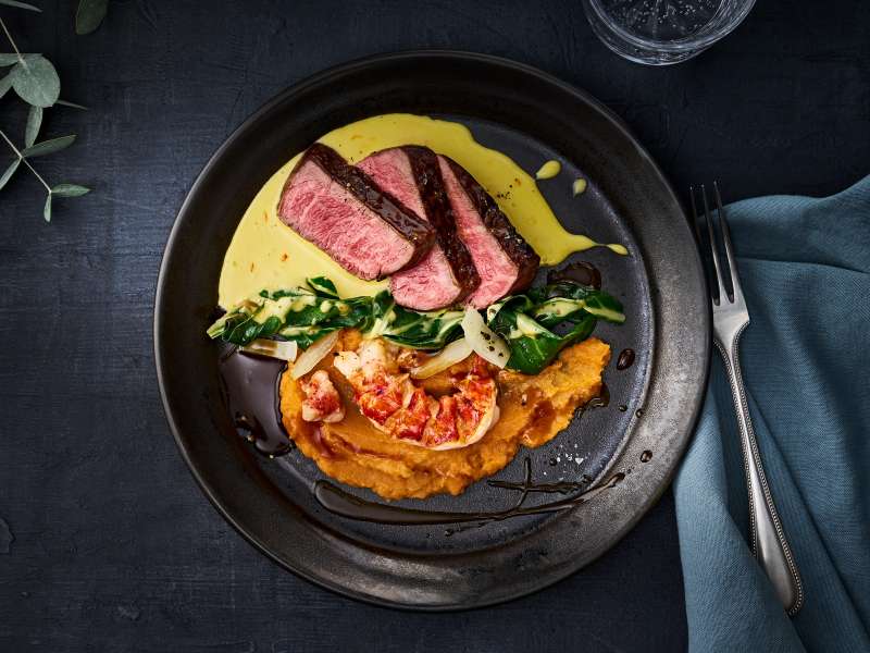Surf and Turf mit Süßkartoffelpüree